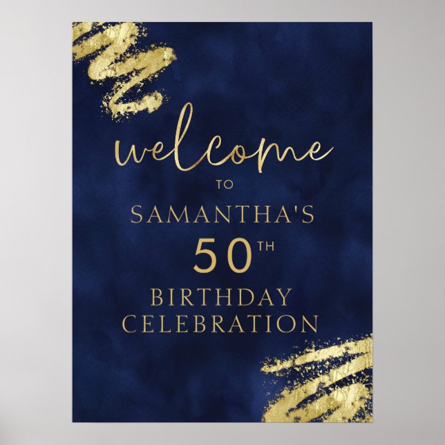 Poster d'accueil d'anniversaire bleu et or de la M (Devant)