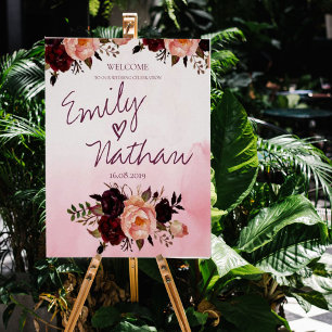 Poster d'accueil du Mariage Floral rose-Bourgogne