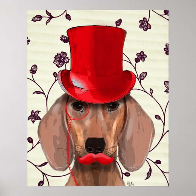 Poster Dachshund Avec Chapeau Rouge Haut (Devant)
