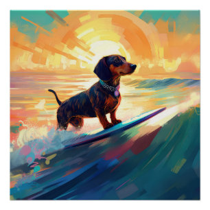 Poster Dachshund Beach Surf Peinture