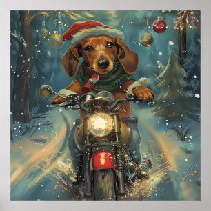 Poster Dachshund Chien équitation moto Noël