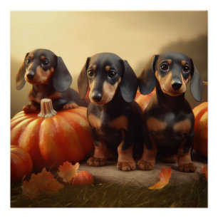 Poster Dachshund Chiot Automne Citrouille de plaisir