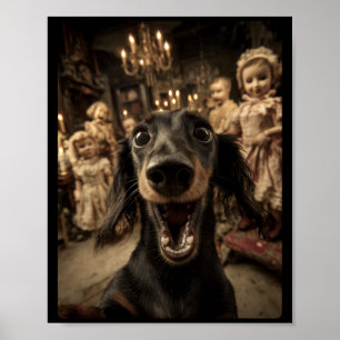 Poster Dachshund drôle selfie Y Poupées Halloween effraya