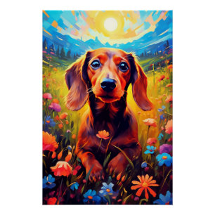 Poster Dachshund Explorant Pacifiquement Une prairie