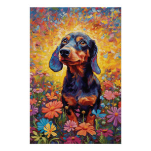 Poster Dachshund Frolicking Dans Un Champ De Fleur Coloré
