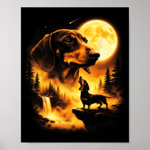 Poster Dachshund hurlant à la Lune Vintage 90s Rétro