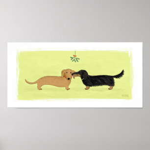 Poster Dachshund Mistletoe Kiss - Wiener Dog Christmas