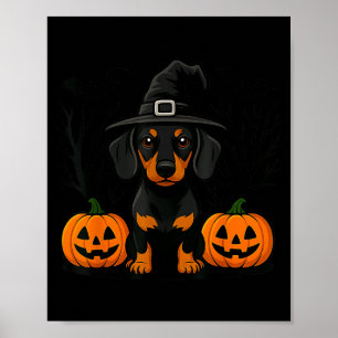 Poster Dachshund noir et feu Halloween Sorcière Squeletti