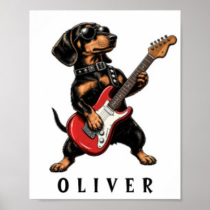 Poster Dachshund Rocker Cool Chien de Joue à la Guitare É