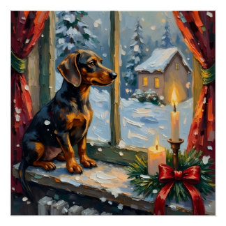 Poster Dachshund vintage près d'une fenêtre de Noël cosy