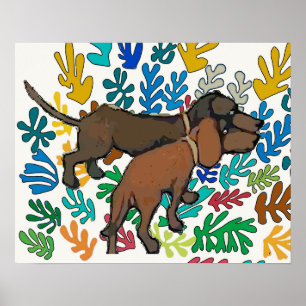 Poster Dachshunds et Feuilles Abstraits