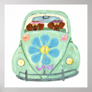 Poster Dachshunds Hippies Dans Leur Voiture Fleurie D'Amo