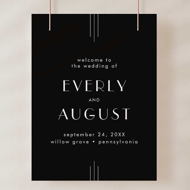 Poster d'Affiche de bienvenue Mariage noir TOUS Ar (EVERLY Art Deco Black Wedding Welcome Sign Poster)