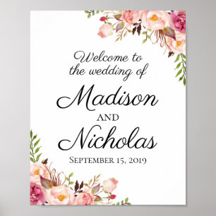 Poster d'Affiche de bienvenue Mariage rose rustiqu
