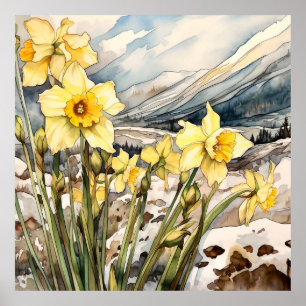 Poster Daffodique Sous Mur De Neige Art, Carré Floral