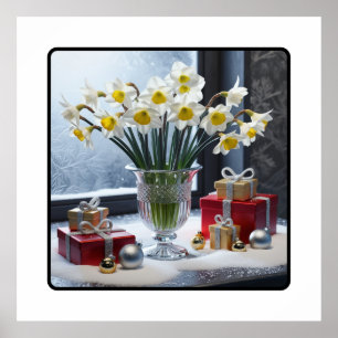 Poster Daffodiques et cadeaux sur un rebord de neige