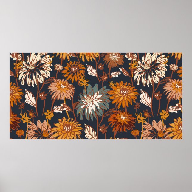 Poster Dahlia et chrysanthèmes audacieux sans couture mot (Devant)