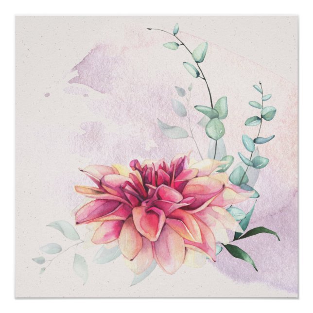 Poster Dahlia Eucalyptus Aquarelle contemporaine Imprimer (Devant)