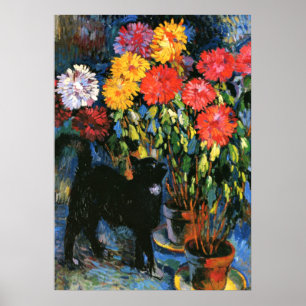Poster Dahlias et Chat noir, peinture d'art