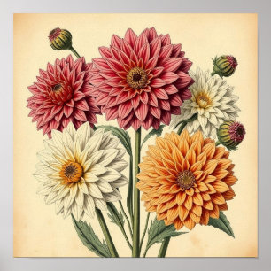 Poster Dahlias Vintage sur Papier Patiné