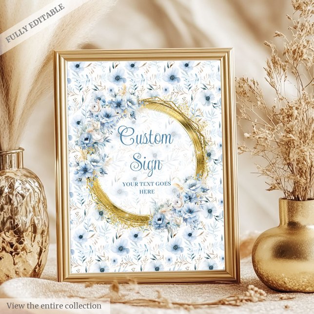 Poster Dainty bleu poussiéreux aquarelle fleurs or person (Dainty dusty blue watercolor flowers gold custom poster)