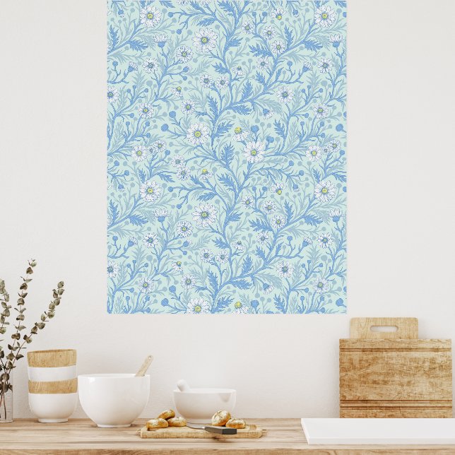 Poster Daisies in white and blue on sea glass (Cuisine)
