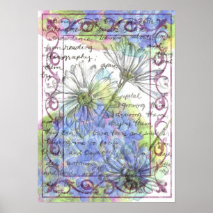 Poster Daisy Blue Hydrangea Aquarelle Fleurs