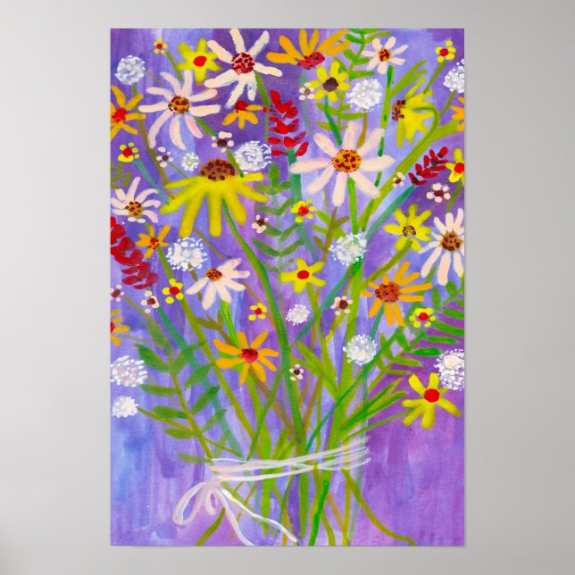 Poster Daisy Bouquet Fleur sauvage peinture violet art (Devant)