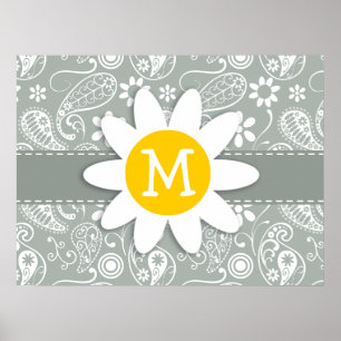 Poster Daisy on Ash Gray; Grey Paisley