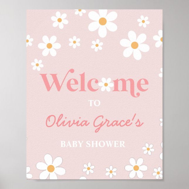 Poster Daisy Pink Retro Peace Love Baby shower Bienvenue  (Devant)
