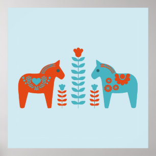 Poster Dala d'art populaire scandinave Chevaux et fleurs