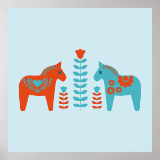 Poster Dala d'art populaire scandinave Chevaux et fleurs