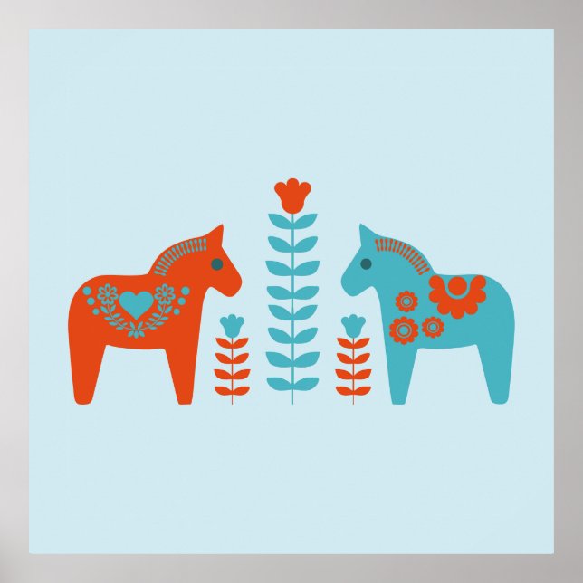 Poster Dala d'art populaire scandinave Chevaux et fleurs (Devant)