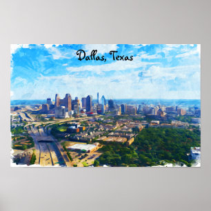 Poster Dallas Coloré Texas Panorama Ville Vue