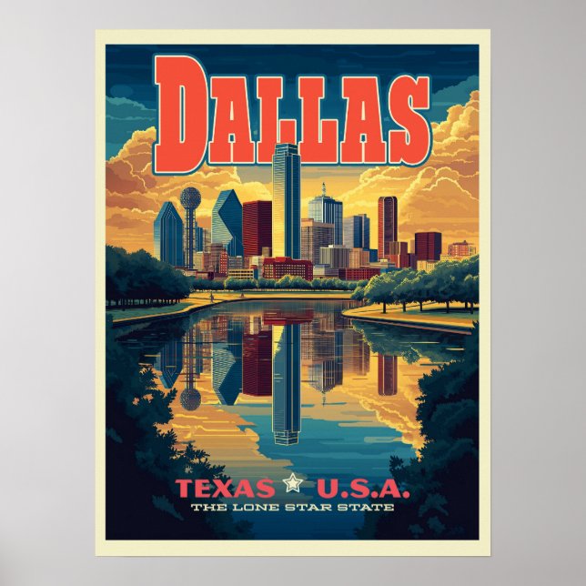 Poster Dallas Skyline Retro Travel (Devant)