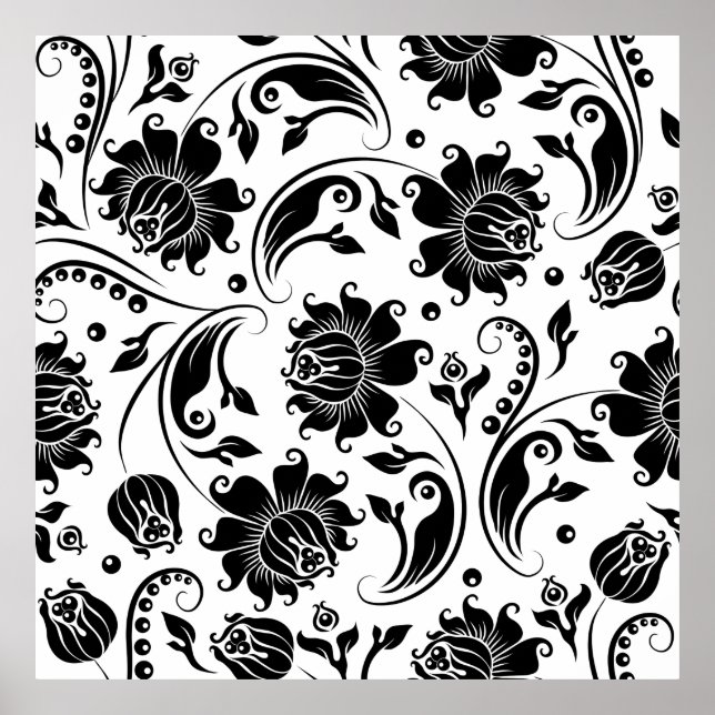 Poster Damas florale noire et blanche (Devant)