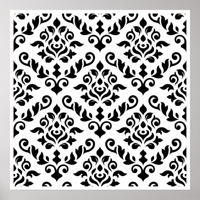Poster Damask baroque Pattern Black on White (Devant)