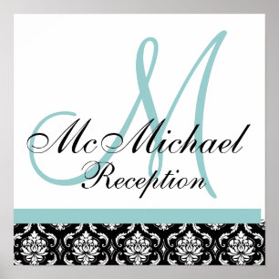 Poster Damask Blue Monogramme Réception de mariage