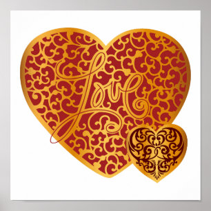 Poster Damask Golden Love Red Heart