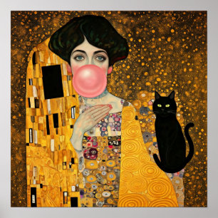Poster Dame à la gomme à mâcher rose avec chat noir Gusta