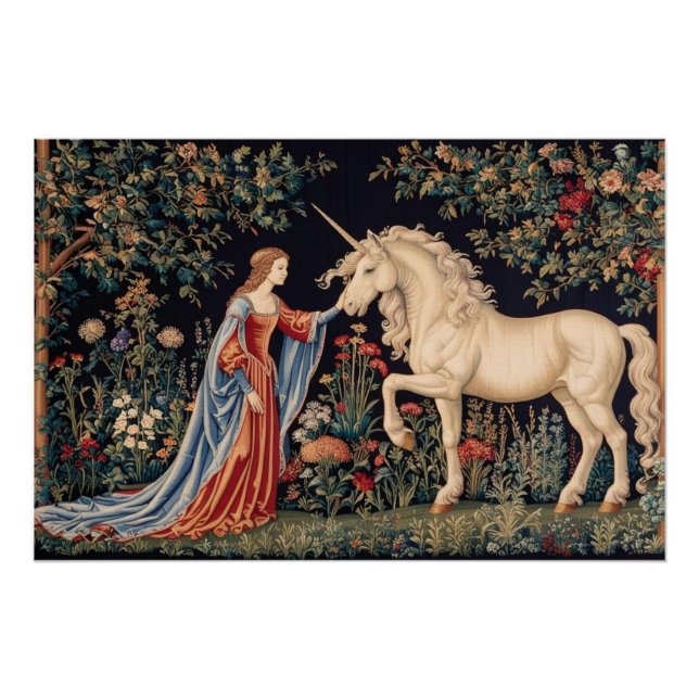 Poster Dame à la licorne dans un jardin (Devant)