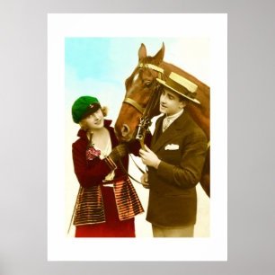 Poster Dame, argent et cheval vintage
