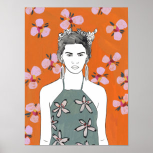 Poster Dame aux fleurs roses - Orange