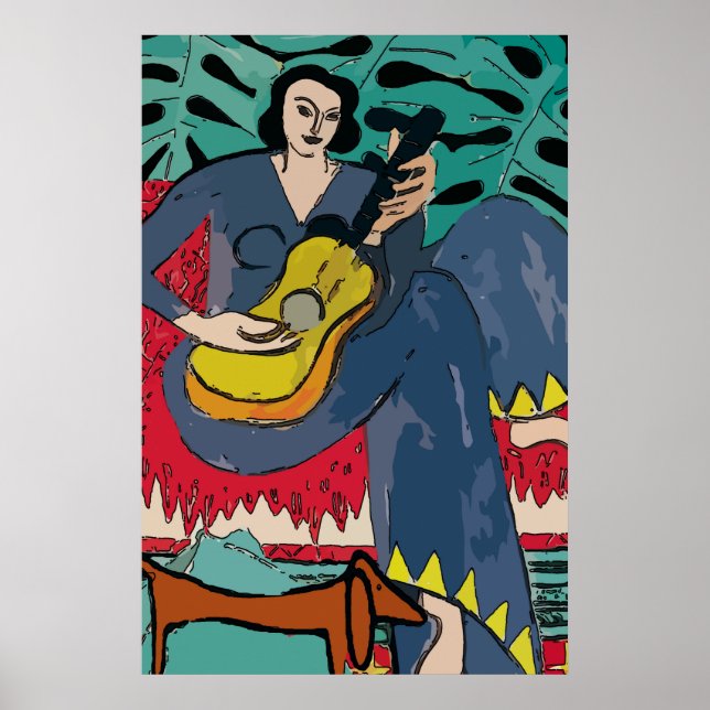 Poster Dame avec Dachshund et Guitare (Devant)