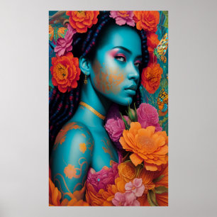 Poster Dame bleue aux cheveux en spirale