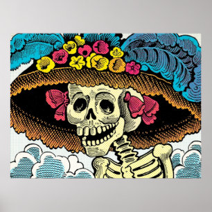 Poster Dame Crâne de Sucre au Chapeau de Soleil Floral Gr