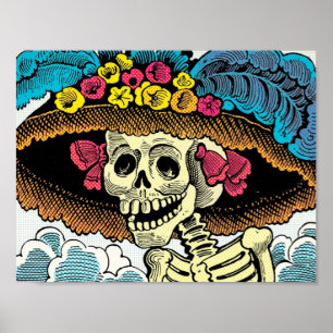 Poster Dame Crâne de Sucre au Chapeau de Soleil Floral Gr