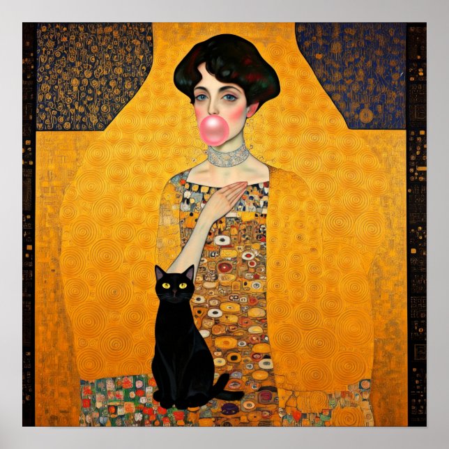 Poster Dame de la gomme à bulle rose avec chat noir Gusta (Devant)