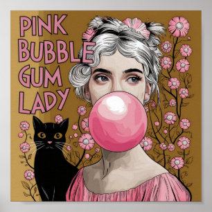 Poster Dame de la gomme à bulle rose avec chat noir Gusta