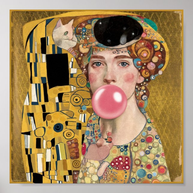 Poster Dame de la gomme à bulle rose avec Gustav Klimt Ca (Devant)